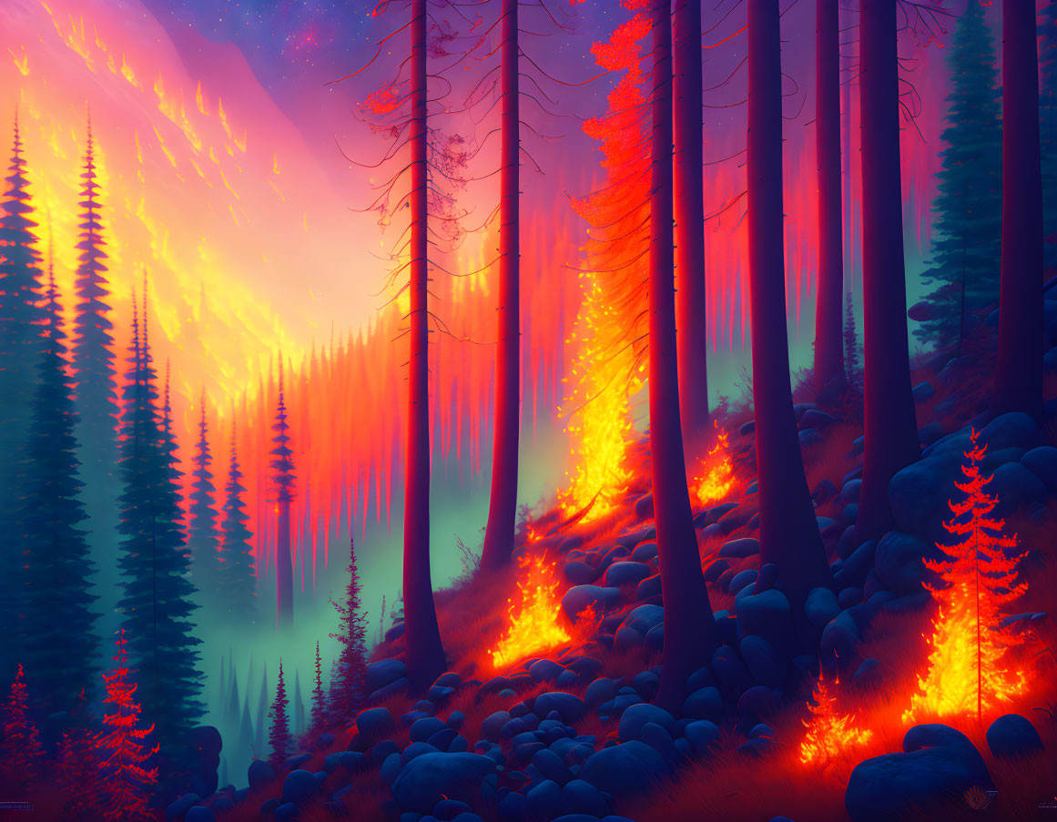 Colorful digital art: Mystical forest in flames with vibrant orange to purple sky.