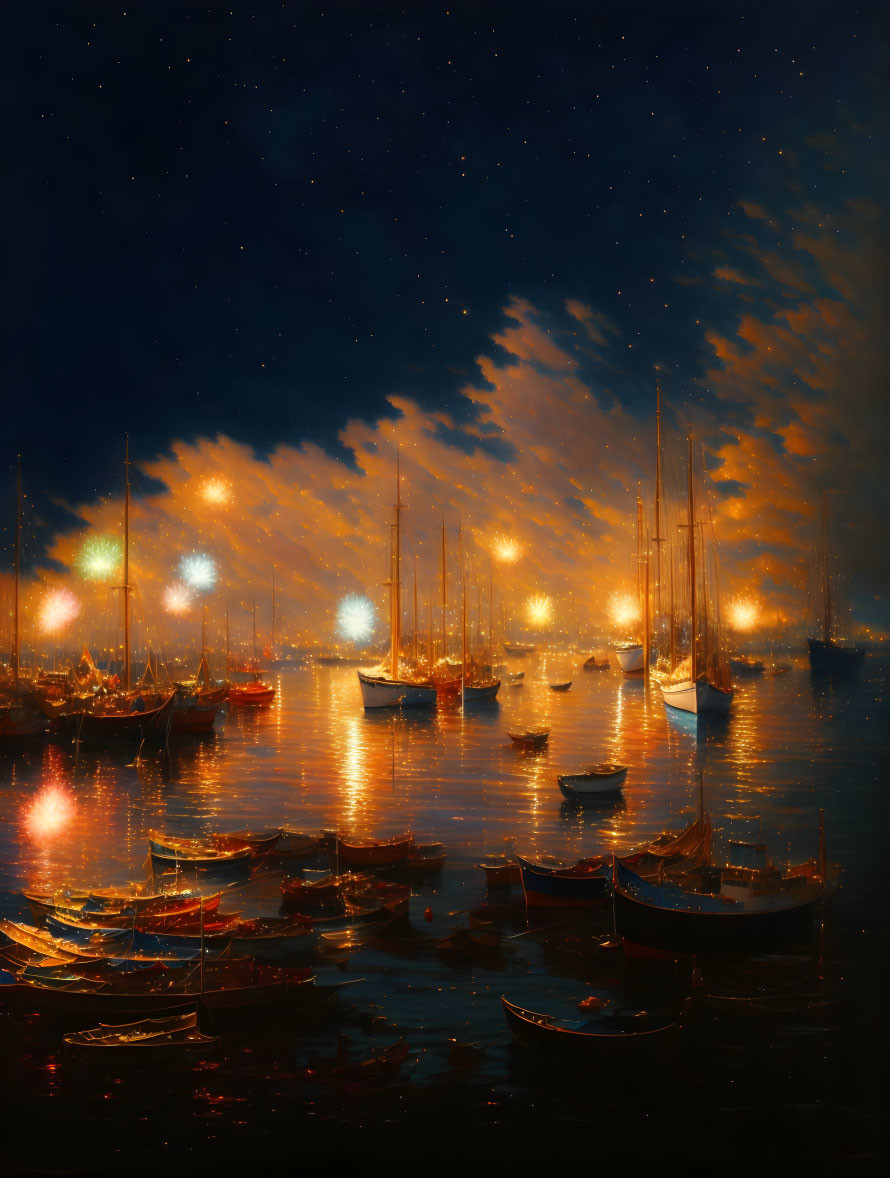 Nighttime harbor scene with warm lights, fireworks, and star reflections