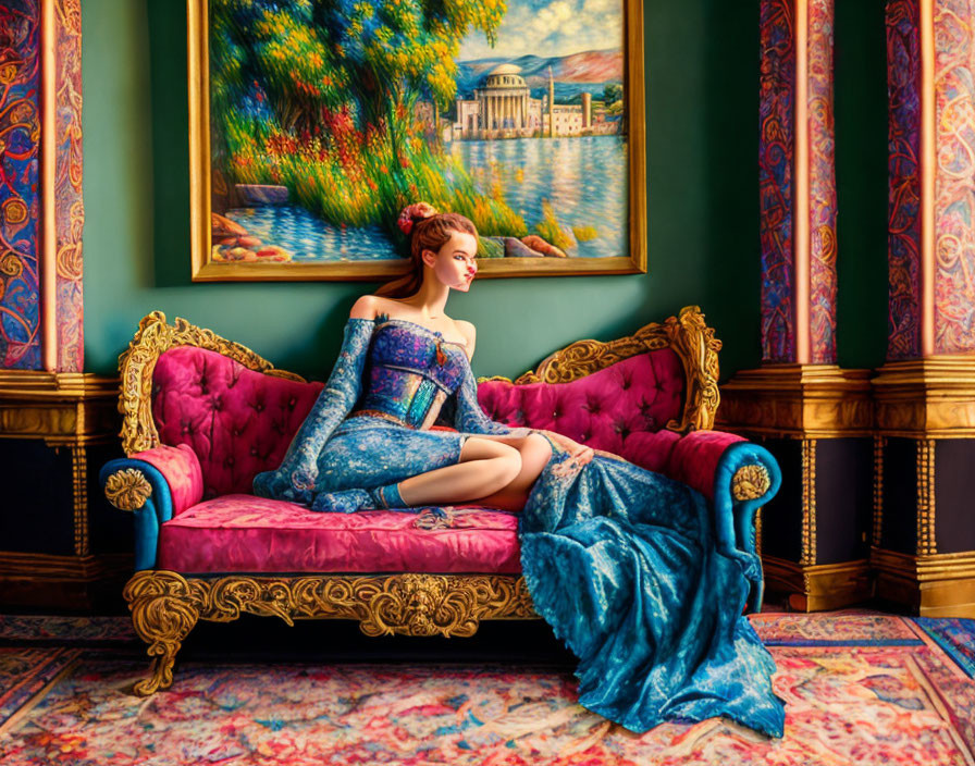 Elegant woman in blue dress on red chaise longue against ornate backdrop