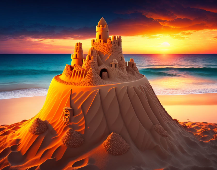 Elaborate Sandcastle on Beach at Sunset with Vibrant Skies