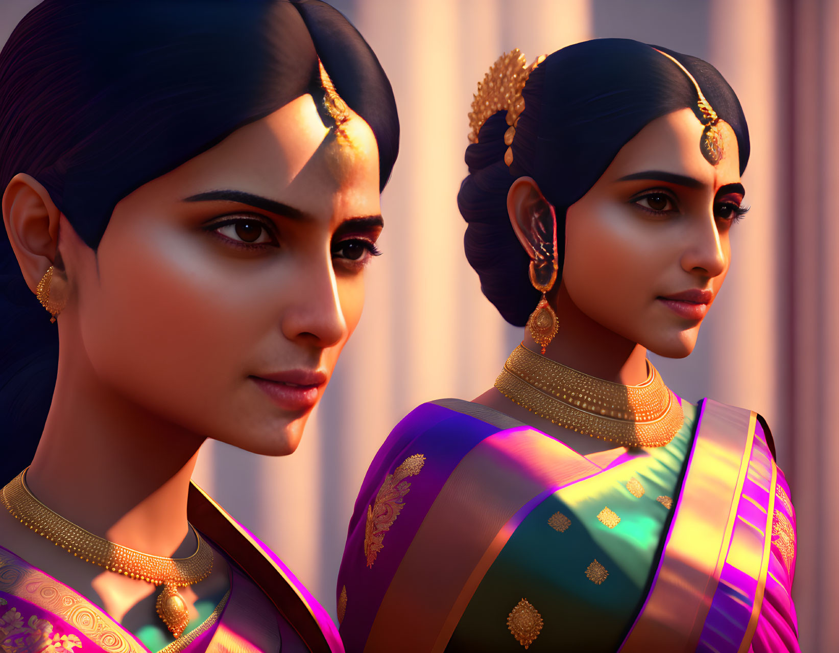 Traditional Indian Attire with Gold Jewelry on Two Women