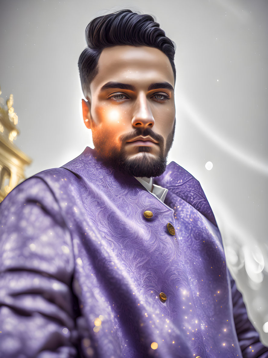 Digital art portrait of a man with styled beard and hair in purple jacket against soft-focus background