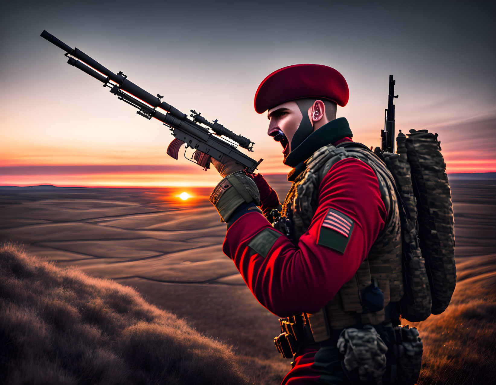 Soldier in Red Beret with Rifle at Sunset in Vast Landscape