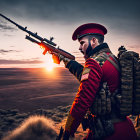 Soldier in Red Beret with Rifle at Sunset in Vast Landscape