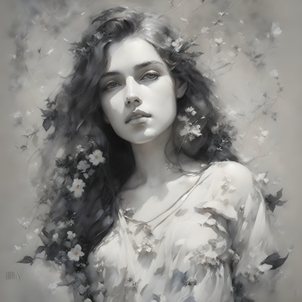 Monochrome artwork of woman with flowers in flowing hair surrounded by petals