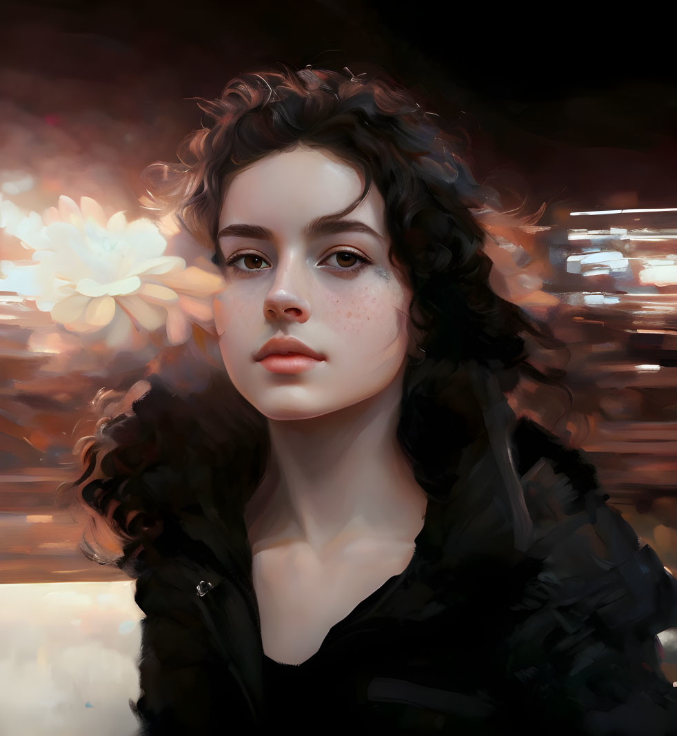 Young woman with curly hair and freckles in black jacket digital painting.