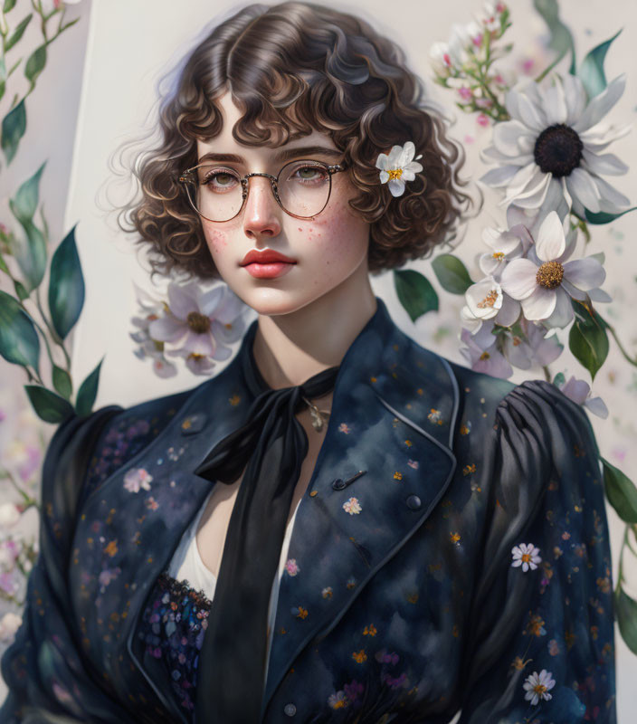 Young woman with curly hair and glasses in floral blouse against flower background