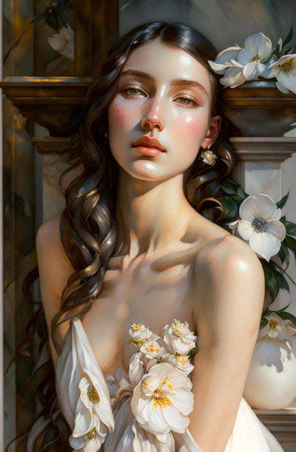 Portrait of woman with wavy hair, white flowers, rosy cheeks, serene gaze