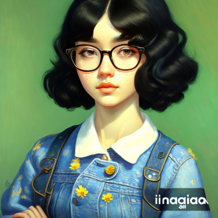 Young woman with black hair in glasses and floral denim dress.