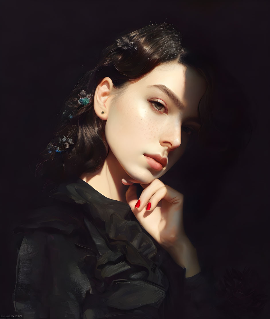 Portrait of woman with pale skin, dark hair, flowers, red nails, contemplative gaze