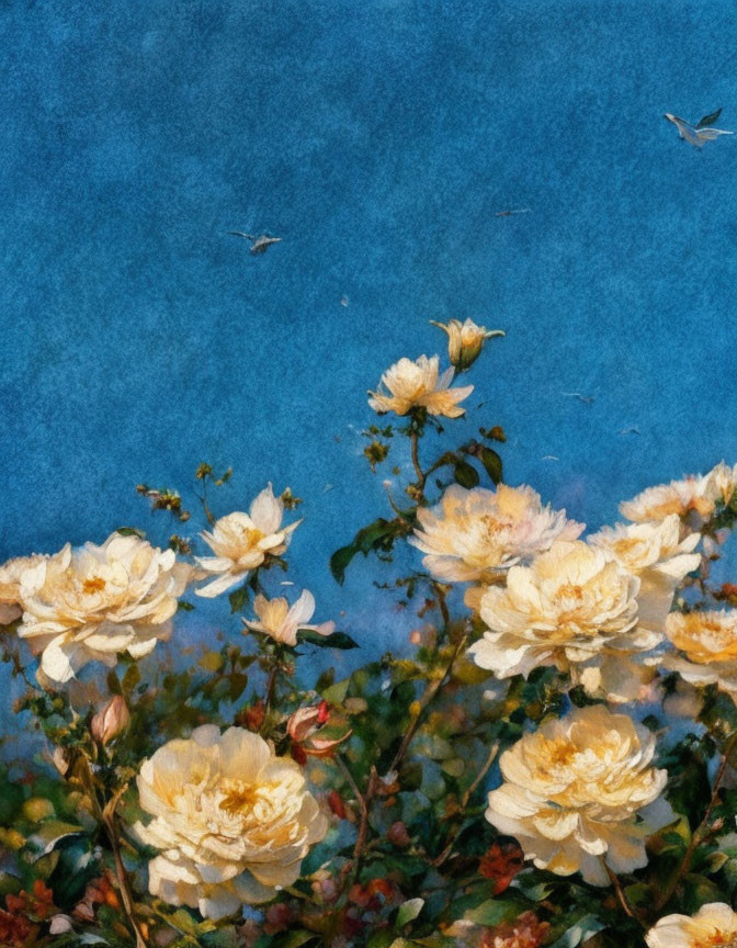 Delicate off-white roses bloom in a painted scene with birds against a blue sky