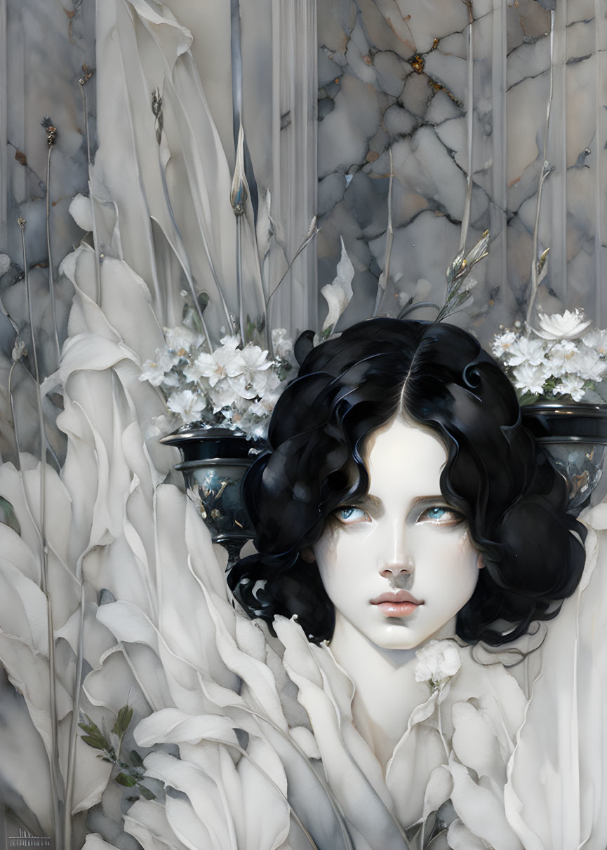 Portrait of a person with pale skin and blue eyes framed by black curls and white flowers.