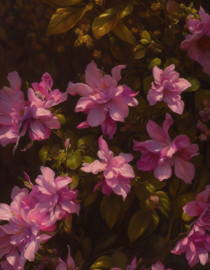 Pink Flowers Painting with Layered Petals and Dark Green Foliage