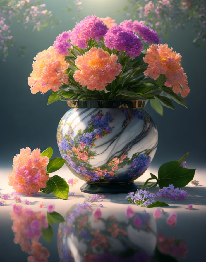 Colorful Flower Bouquet in Decorative Vase on Reflective Surface