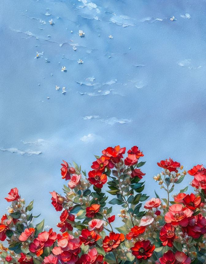 Vibrant red flowers and green leaves on blue sky with clouds