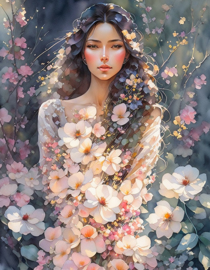 Ethereal painting of woman with delicate flowers and wreath in pastel blooms