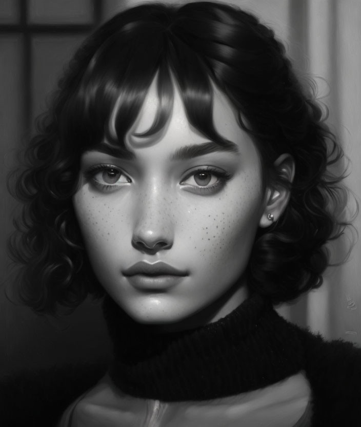 Serene monochrome portrait of young woman with curly hair and freckles