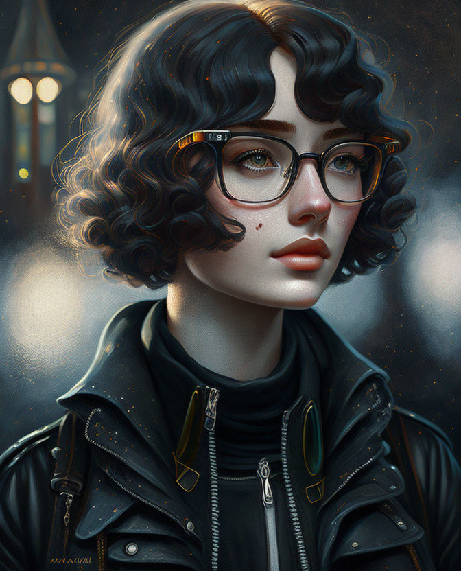 Digital artwork of woman with curly hair, glasses, leather jacket, bokeh light effect, soft glow