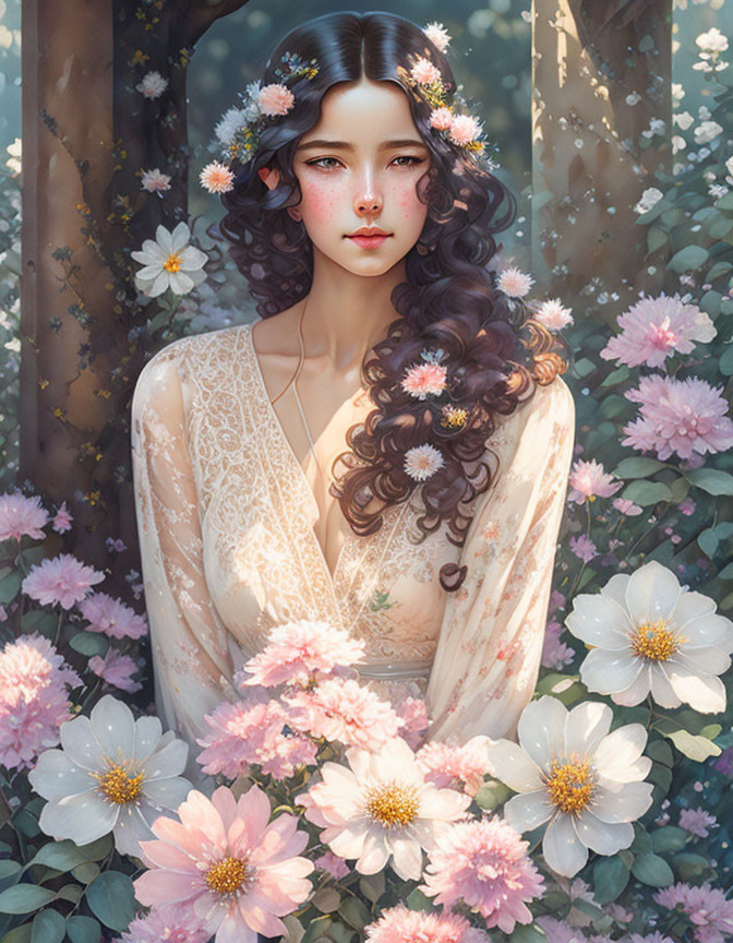 Illustration of Woman with Dark Hair and Flowers in Enchanted Forest