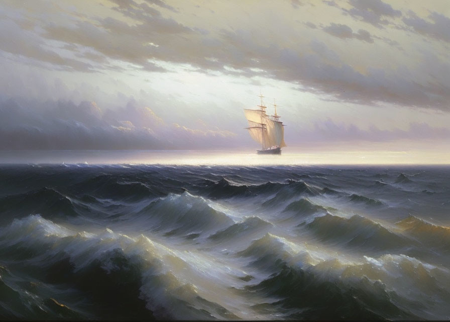 Majestic sailing ship on turbulent ocean under dramatic sky