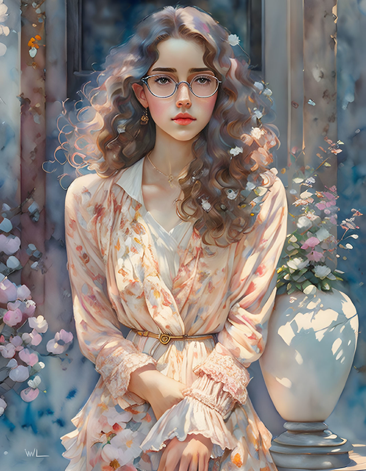 Curly Haired Woman in Glasses with Floral Outfit and Vase on Dreamy Floral Backdrop