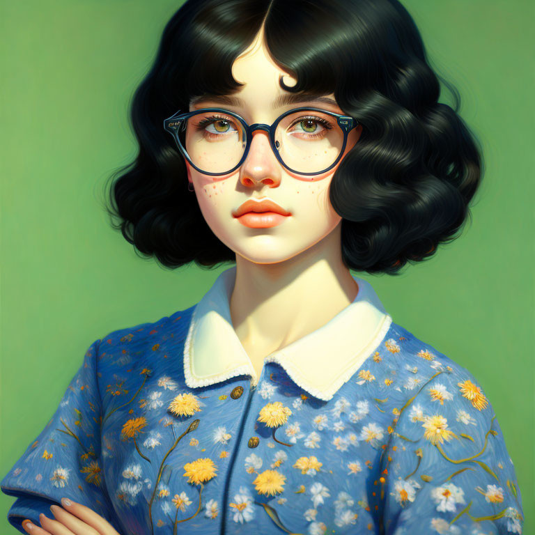 Illustrated portrait of woman with curly black hair and round glasses