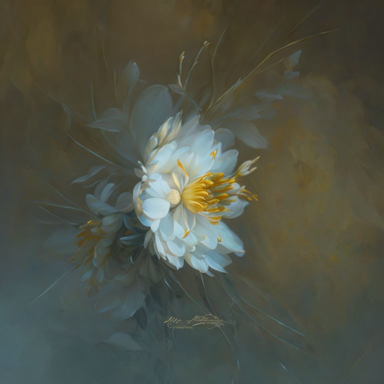 Delicate White Flower Digital Painting on Misty Background