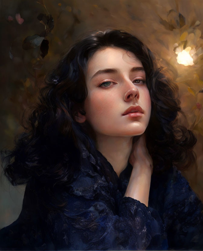 Digital painting: Woman with dark wavy hair and blue eyes gazing against golden leaves.