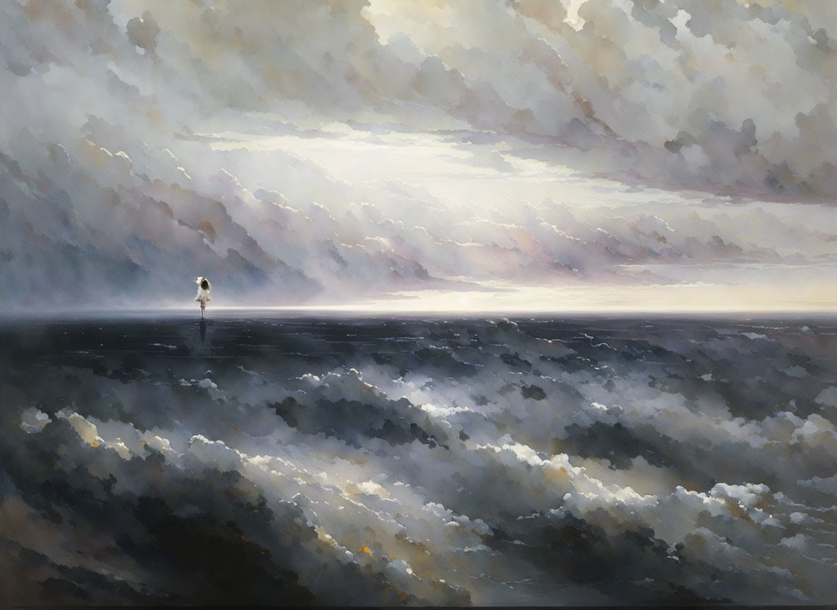 Solitary figure in vast waters under dramatic sky