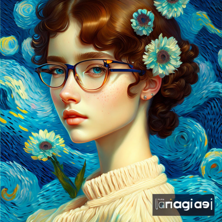 Young woman with glasses and daisies in Van Gogh-style digital painting