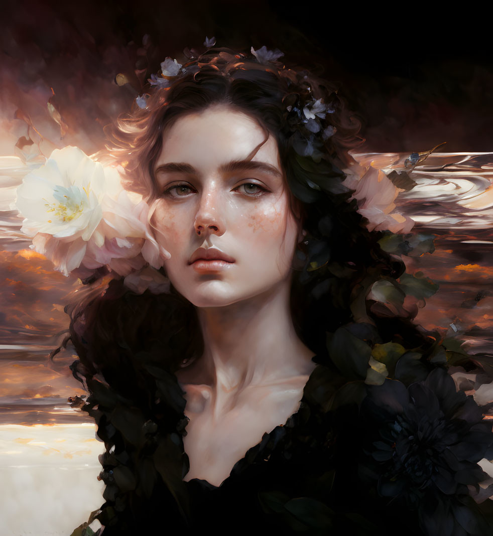 Woman with Dark Hair and White Flower Adornments in Serene Digital Painting