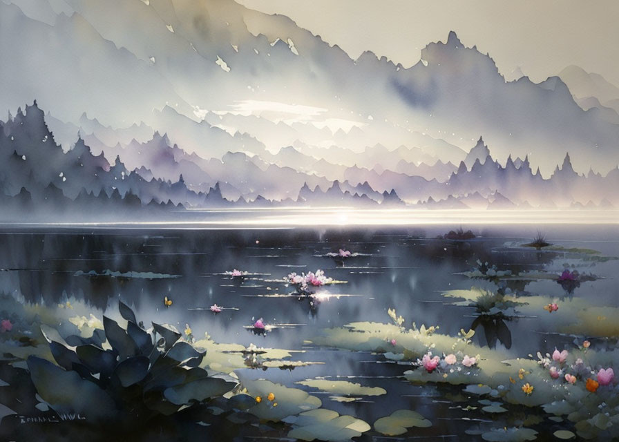 Tranquil watercolor landscape: serene lake, water lilies, misty mountains, dusky