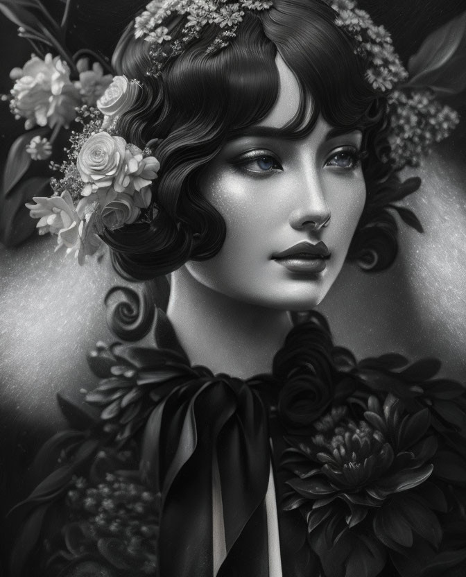 Stylized woman portrait with floral hair and glitter in grayscale