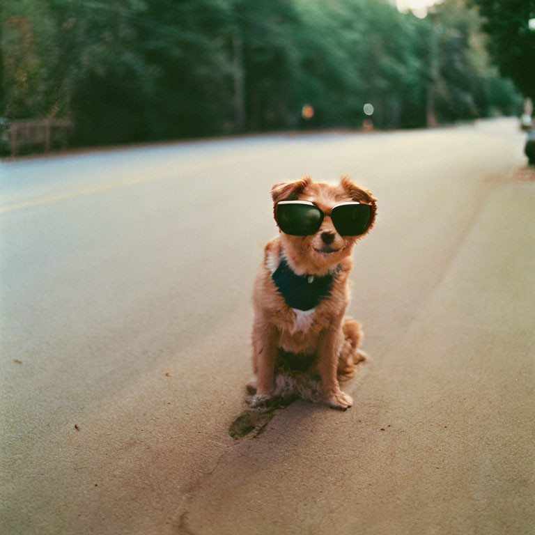 Fluffy Small Dog in Sunglasses on Road with Trees