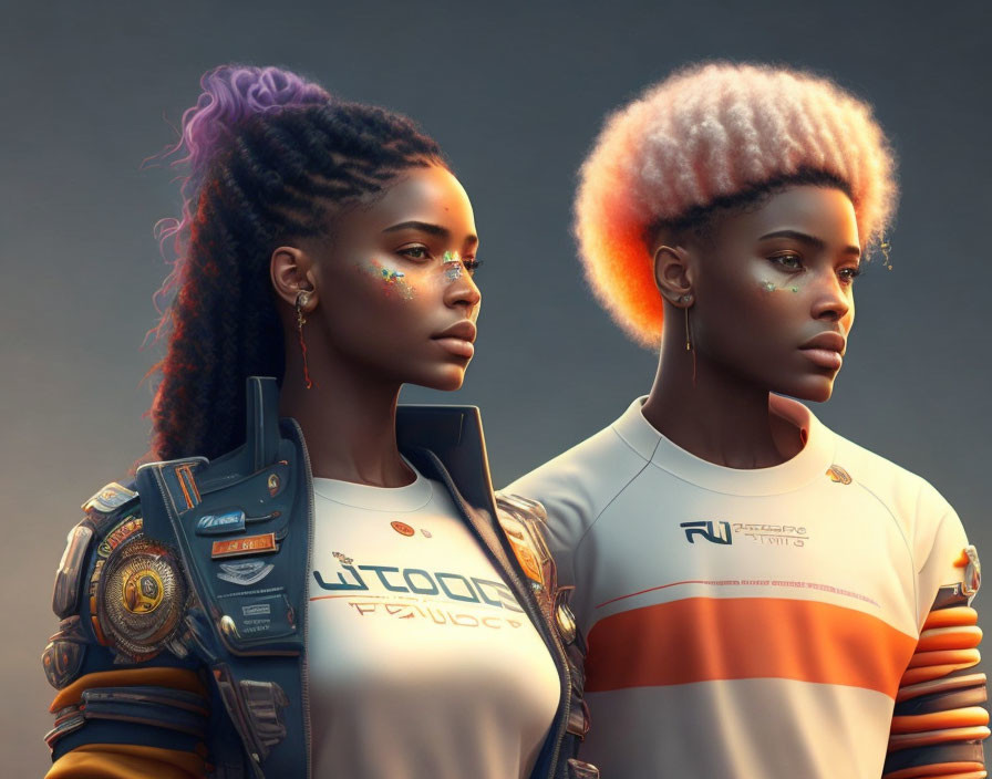 Futuristic characters with stylized hair and high-tech clothing in thoughtful pose