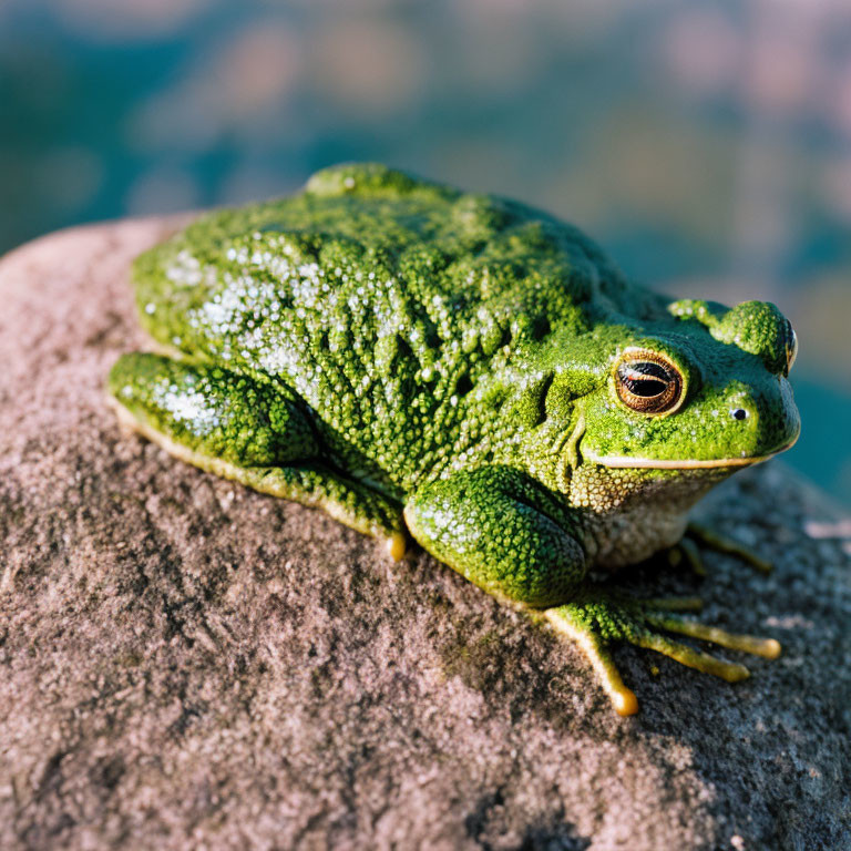 Green Frog Resting on Rock with Detailed Skin Texture, Basking in Sunlight Near Water