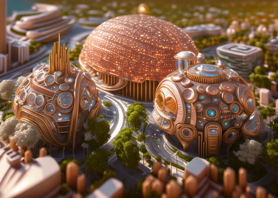 Futuristic cityscape at dusk: dome-shaped buildings, illuminated lights, lush greenery.