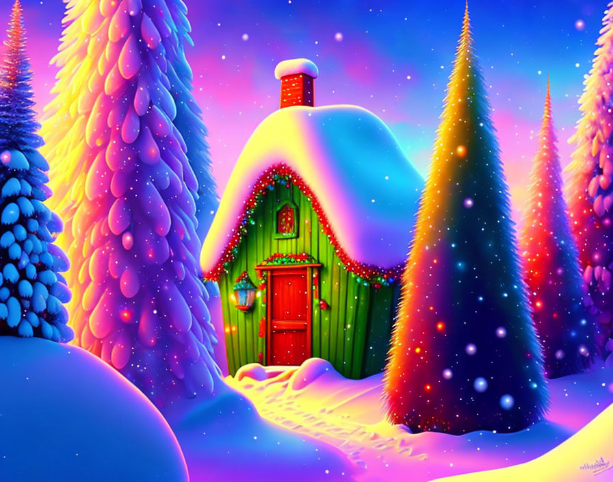 Vibrant winter cabin scene with festive decorations and snowy surroundings