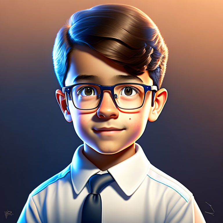 Young boy with glasses in shirt and tie on warm gradient background