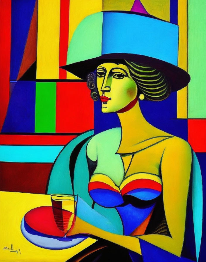 Vibrant Cubist-style painting of woman with high hat and wine glass