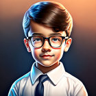 Young boy with glasses in shirt and tie on warm gradient background