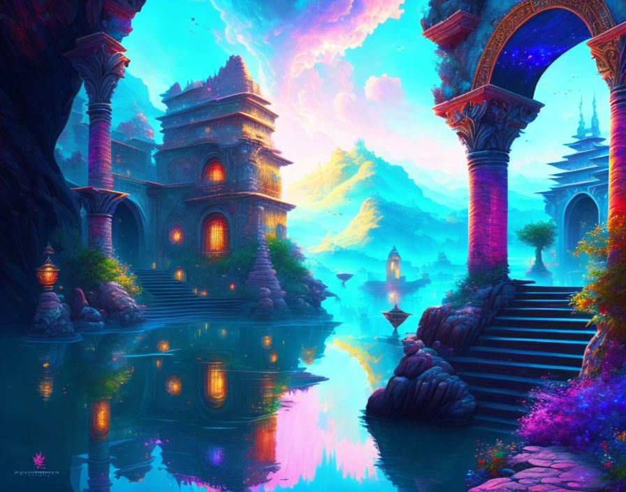 Fantasy landscape with luminescent architecture by tranquil water