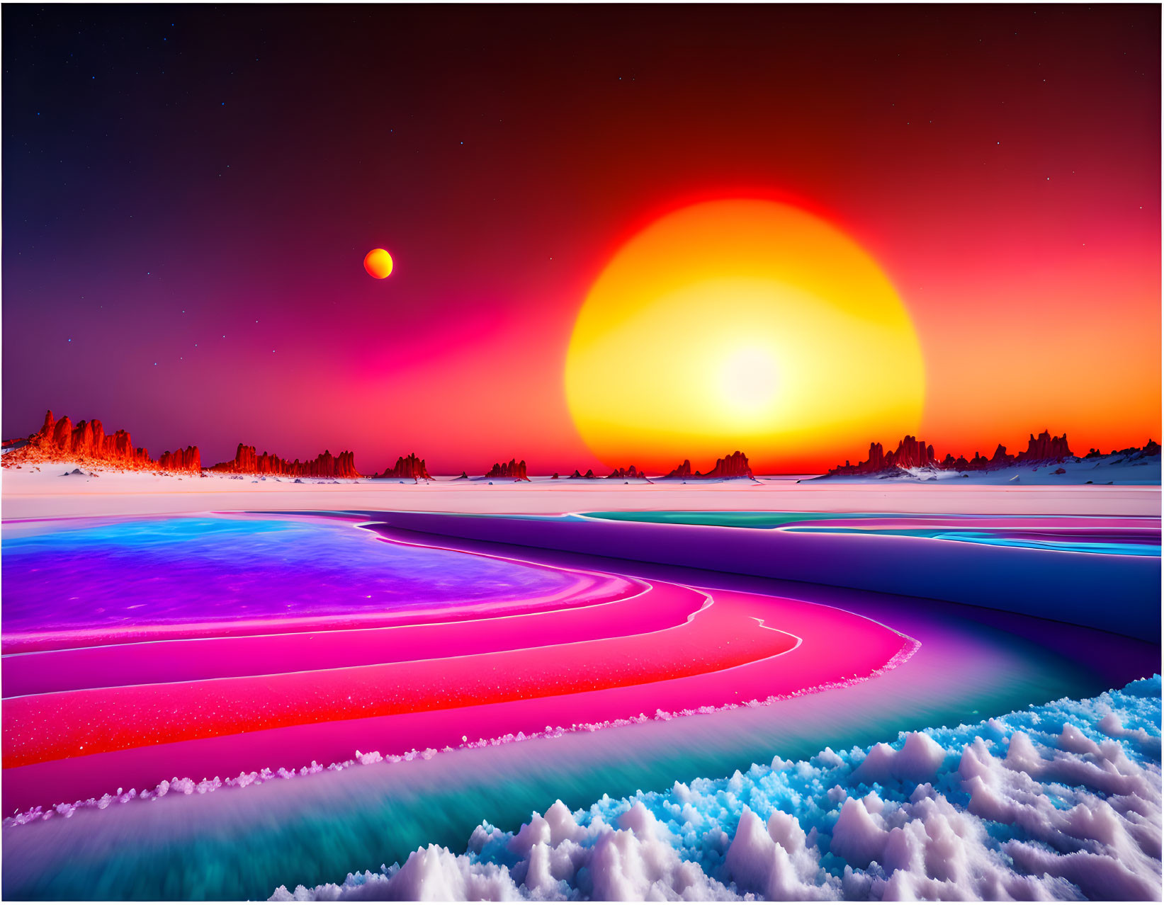 Colorful surreal landscape with large sunset and neon-lit ice patterns