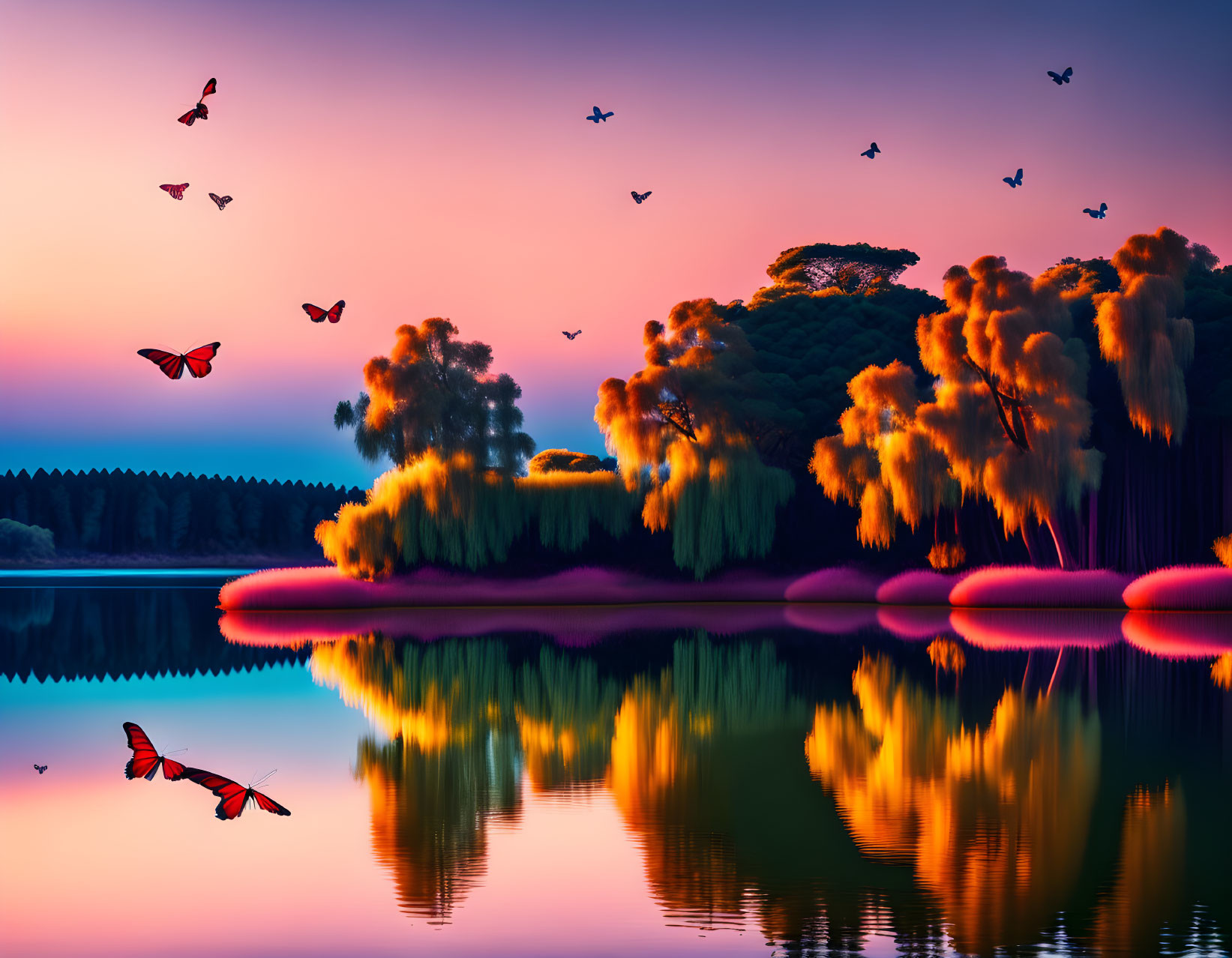 Scenic sunset with purple and orange sky reflected on calm lake, silhouetted trees, butterflies