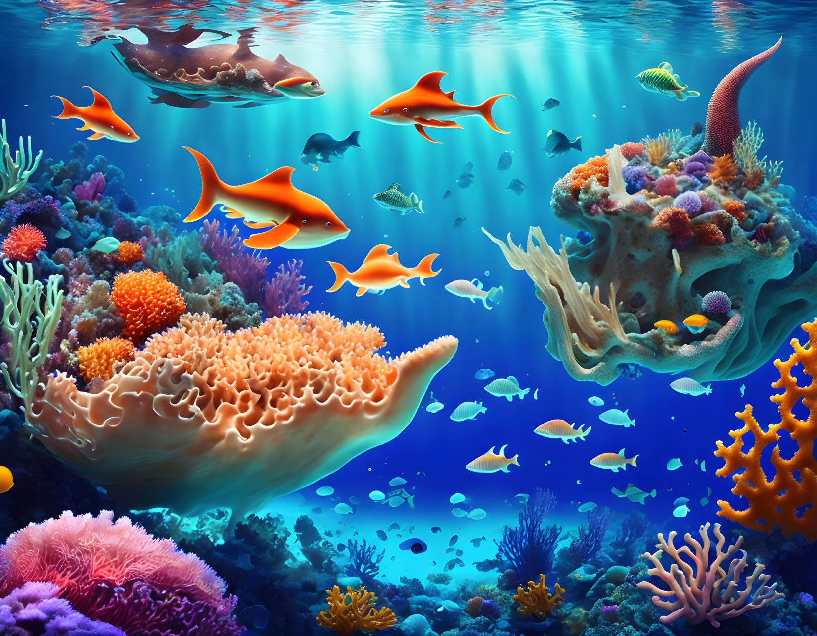 Colorful Fish and Corals in Clear Blue Underwater Scene