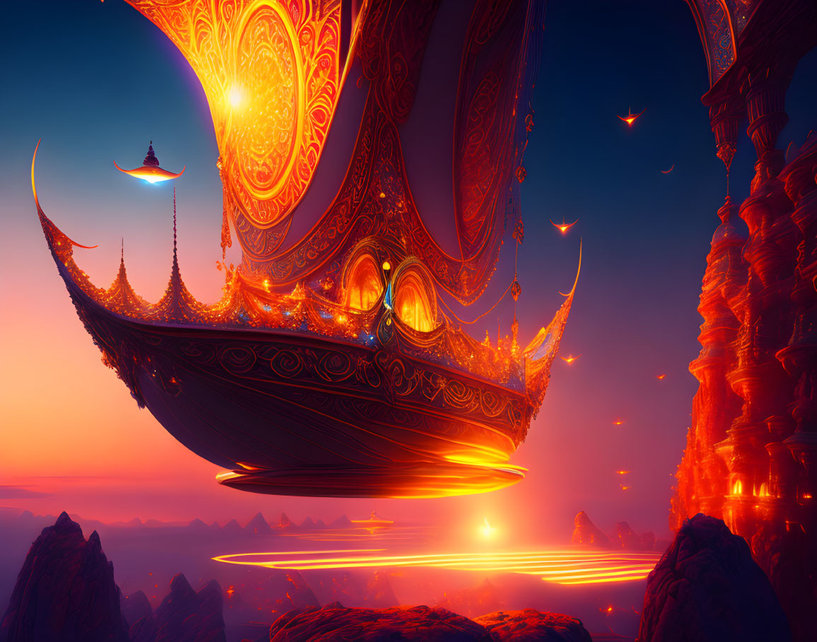 Fantastical landscape with floating structures and flying vessels in vibrant sky