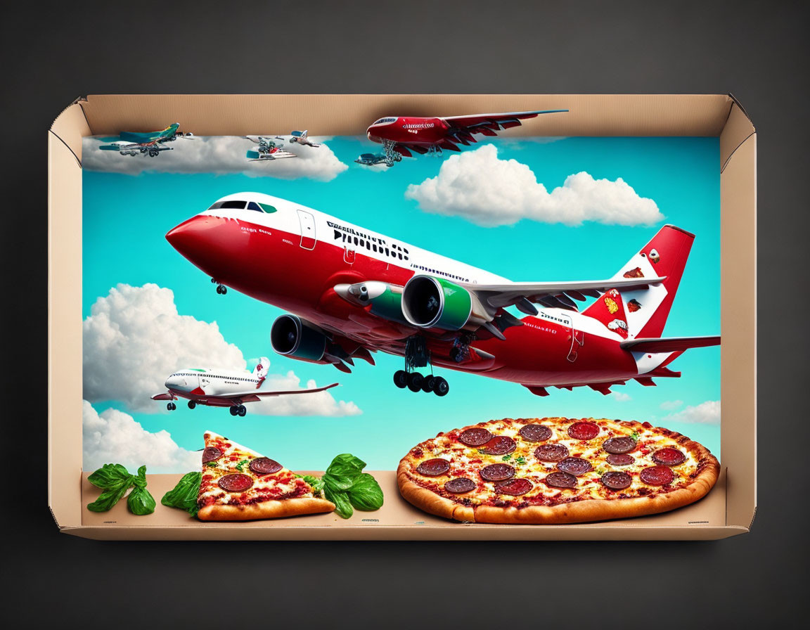 Commercial airplane taking off from pizza runway in pizza box with smaller planes flying, cloudy sky backdrop.