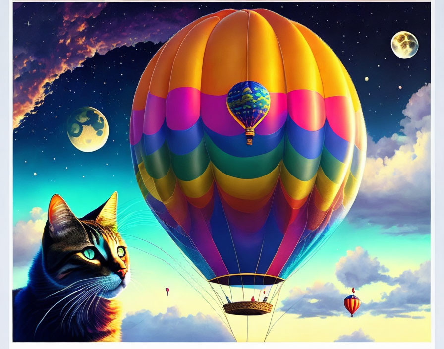 Colorful Hot Air Balloon Artwork with Cat in Vibrant Sky