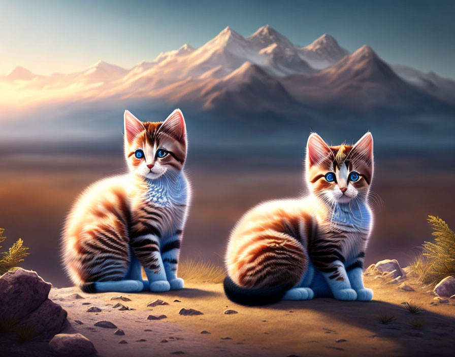 Illustrated kittens in scenic landscape with mountains and glowing sky