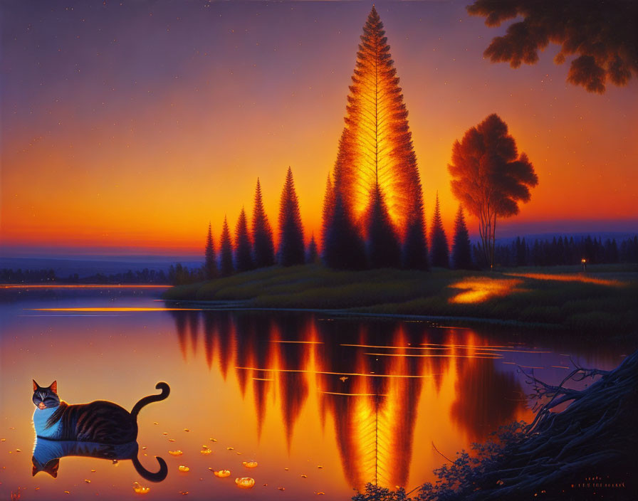 Twilight scene with cat over lake and illuminated trees